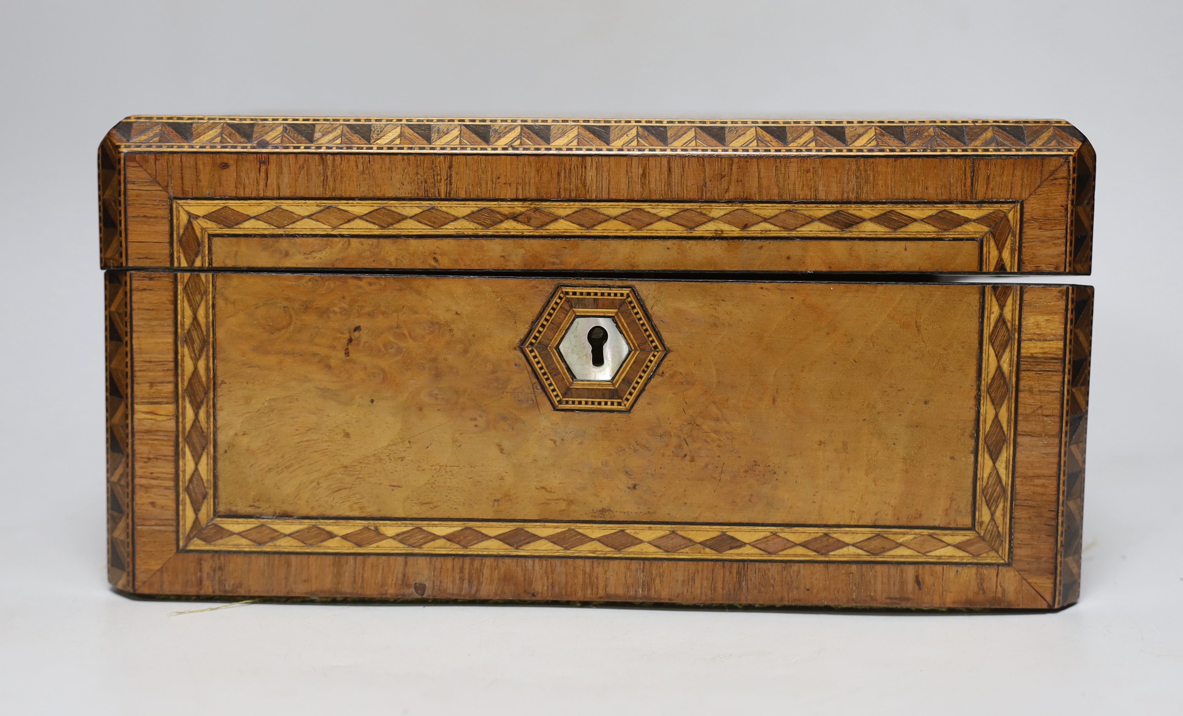 A Victorian walnut and parquetry writing slope, 30 cm wide x 23cm deep